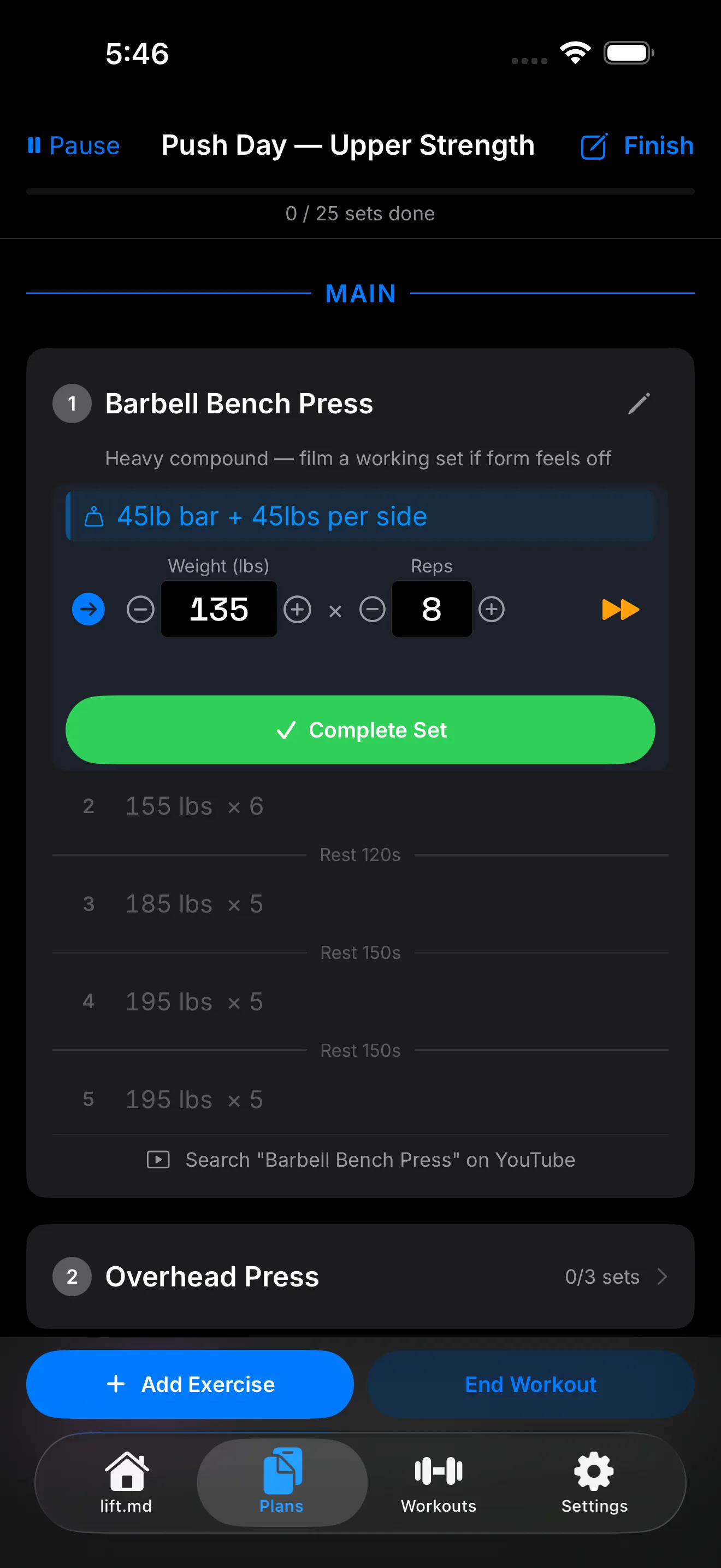 lift.md active workout screen tracking sets