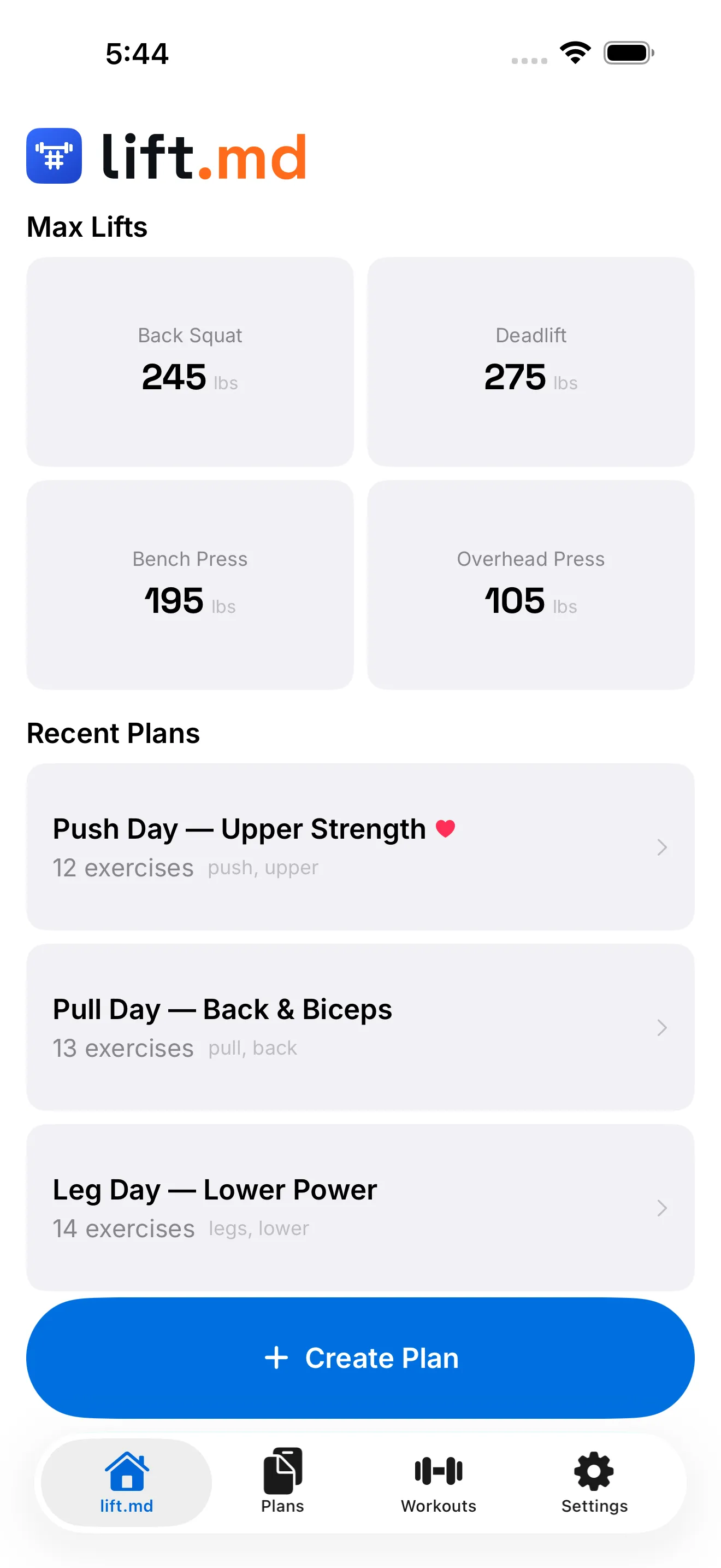 lift.md home screen with workout list